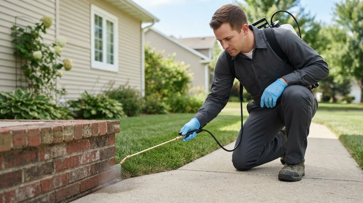 Pest control technician treating a home near Damar, KS